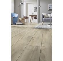 Wohnzimmer mit Laminatboden in Holzoptik, Sofa, Sessel und Esstisch