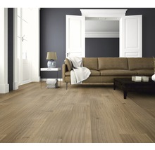 Wohnzimmer mit Holzboden, Sofa und Tür