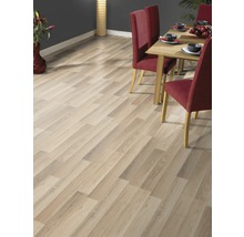 Wohnraum mit hellem Laminatboden, Esstisch und Stühlen.