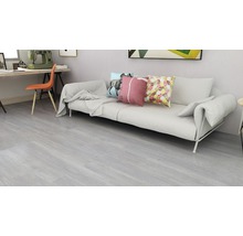 Wohnzimmer mit hellem Holzboden, Sofa und Schreibtisch