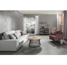 Wohnzimmer mit Sofa, Sessel, Couchtisch und Regalen