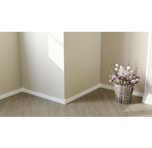 Zimmeransicht mit Holzfußboden, weißen Sockelleisten und Blumenarrangement in silberfarbenem Topf