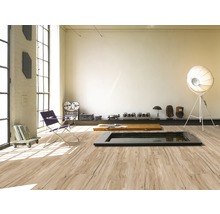 Heller Raum mit großem Fenster, Laminatboden in Holzoptik, Sitzgelegenheit und Dekorationen.