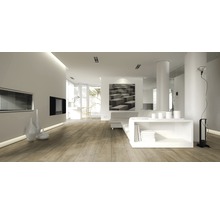 Heller Wohnraum mit Holzfußboden, weißen Möbeln und moderner Dekoration