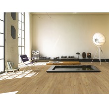 Heller Wohnraum mit Laminatboden, Fenster und Designermöbeln