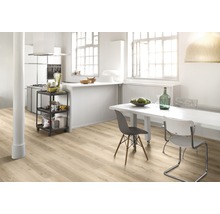 Heller Raum mit Küche, Essbereich und Holzboden