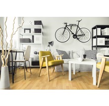 Wohnzimmer mit Laminatboden, Sofa, Sessel und Regalen