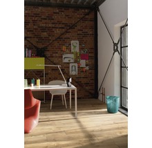 Heller Raum mit Schreibtisch, Stuhl, Regalen und Holzboden