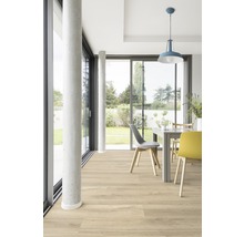 Heller Raum mit Bodenbelag in Holzoptik, Esstisch und Stühlen