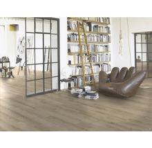 Heller Wohnraum mit Bücherregal, Leiter, Sessel in Handschuhform und Laminatboden