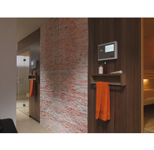 Innenansicht einer Sauna mit Holzverkleidung, Handtuch, Steuerung und dekorativer Backsteinwand