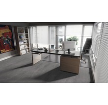 Büro mit Schreibtisch, Bürostuhl, Regal und Fenster mit Jalousien