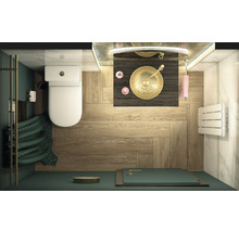 Ansicht von oben eines Badezimmers mit Toilette, Waschbecken und Dusche