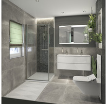 Badezimmer mit Dusche, Waschtisch, Spiegel und Toilette