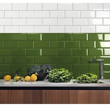 Küchenrückwand mit weißen und grünen Metrofliesen über einer Küchentheke mit Gemüse