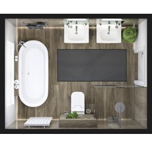 Ansicht von oben auf ein Badezimmer mit Badewanne, Waschbecken, Toilette und Dusche