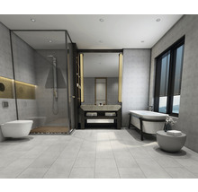 Helles Badezimmer mit Dusche, Waschtisch und Badewanne.