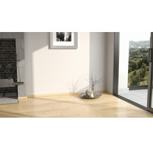 Heller Raum mit Holzboden, Kamin und Fenster mit Blick auf die Landschaft