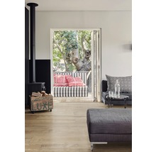 Heller Wohnraum mit Holzofen, Sitzgelegenheit auf dem Balkon und Holzboden