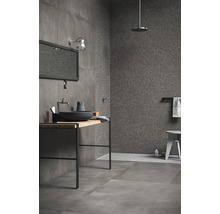 Modernes Badezimmer mit grauen Fliesen, Waschtisch und Dusche