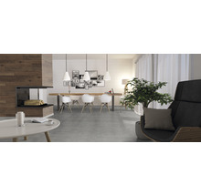 Wohnzimmer mit Kamin, Esstisch mit Stühlen und Sessel