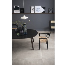 Modernes Esszimmer mit dunklem Esstisch, Stühlen und Fliesenboden.