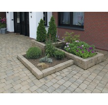 Außenbereich mit Pflastersteinen und bepflanzten Steintrögen