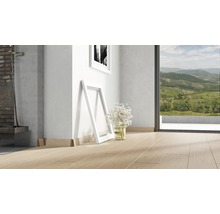 Heller Raum mit Parkettboden, Fußleisten und Blick auf eine Landschaft