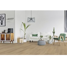 Heller Wohnraum mit Holzboden, Sofa, Sessel und Dekoration