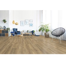 Heller Wohnraum mit Laminatboden, Sofa, Sessel und Dekorationen.