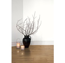 Dekorative Äste in einer Vase, neben zwei Laternen auf einem Laminatboden.