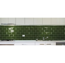 Küchenszene mit grünen Metrofliesen, Spüle und Armatur.