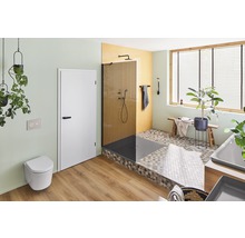 Badezimmer mit Dusche, Toilette, Tür und Dekoration