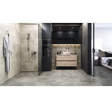 Badezimmer mit Dusche, Waschtisch und angrenzendem Schlafzimmer