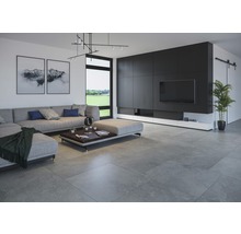 Wohnzimmer mit grauen Bodenfliesen, Sofa, Fernseher und Dekoration