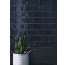 Wand mit quadratischen, dunklen Fliesen und einer Pflanze im Metalleimer.