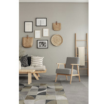 Wohnzimmer mit Sofa, Sessel, Teppich und Wanddekorationen