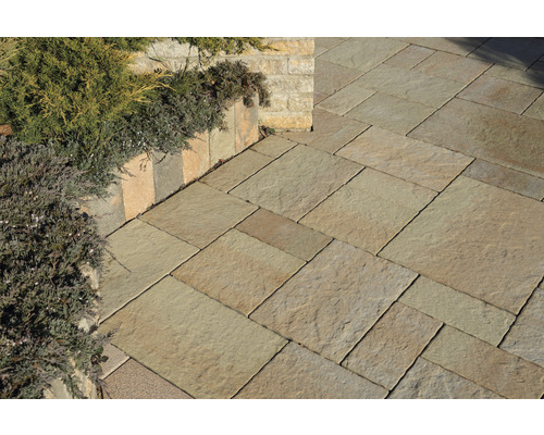 Verlegter Pflasterweg aus Stein mit Pflanzen