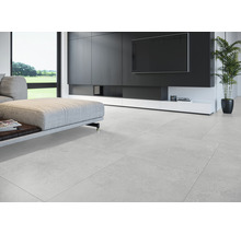 Heller Wohnraum mit modernem Sofa, Flachbildfernseher und Bodenfliesen