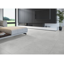 Heller Wohnraum mit Fliesenboden, Sofa und Medieneinheit