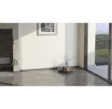 Innenraum mit Kamin, Dekoration und Schiebetür zum Garten