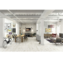 Helles Wohnzimmer mit Holzboden, Esstisch, Arbeitsbereich und Sitzecke