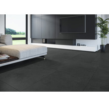 Wohnzimmer mit dunklen Bodenfliesen, modernem Sofa und TV-Wand.