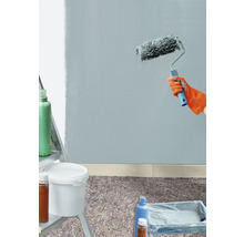 Wandstreichen mit Farbroller, Farbeimer und Abdeckmaterial