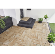 Terrasse mit Betonpflastersteinen im Fischgrätmuster, Treppe und Pflanzenkübeln.