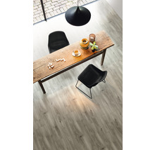 Innenraum mit Esstisch, Stühlen und Bodenbelag