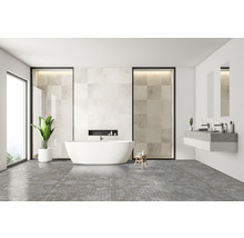 Modernes Badezimmer mit Badewanne, Waschtisch und Fliesen