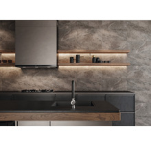 Moderne Küche mit Dunstabzugshaube, Spüle und Regalen mit Beleuchtung