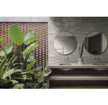 Badezimmer mit Waschtisch, Spiegeln, Wandfliesen und Pflanzen