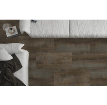 Ansicht von oben auf einen Raum mit Bodenbelag in Holzoptik und einem Bett